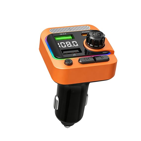 63W FM Transmitter Bluetooth Car Adapter, Wireless FM Bluetooth Transmitter | [PD 45W & QC3.0] Fast Charge, Deep Bass Player, Hands-Free Calling, Orange