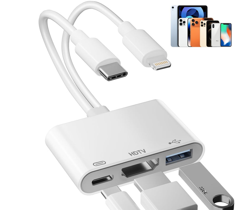 USB-C and Lightning to HDMI Adapter with USB for iPhone/iPad, 1080P MFi Lightning Digital AV Adapter with Charging Port for iPhone 17/16-6/iPad to HDTV/Projector/Monitor,USB2.0 Supports Keyboard/Mouse