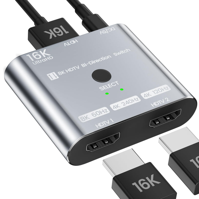 HDMI 2.1 Switch 16K/8K@120Hz/4K@240Hz - HDMI Switch 2 in 1 Out/HDMI Switch 1 in 2 Out, HDMI Splitter with VRR HDR10+ Dolby Atmos, 48Gbps HDMI Switcher for PS5/4 Xbox Switch 2 Roku Firestick Apple TV