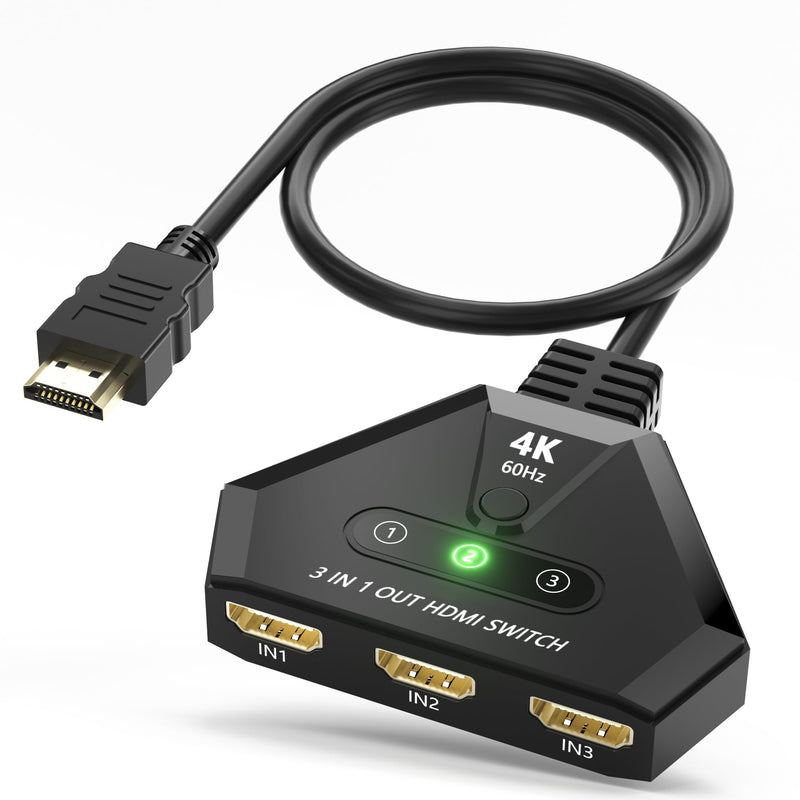 HDMI Switch 3 in 1 Out, 4K@60Hz HDMI Switcher with Gold Plated Ports, Plug & Play, Supports Full HD 1080P 3D Compatible with Roku TV Stick HDTV PS4/PS5 Xbox, Ideal for Home Theater, Gaming, Streaming