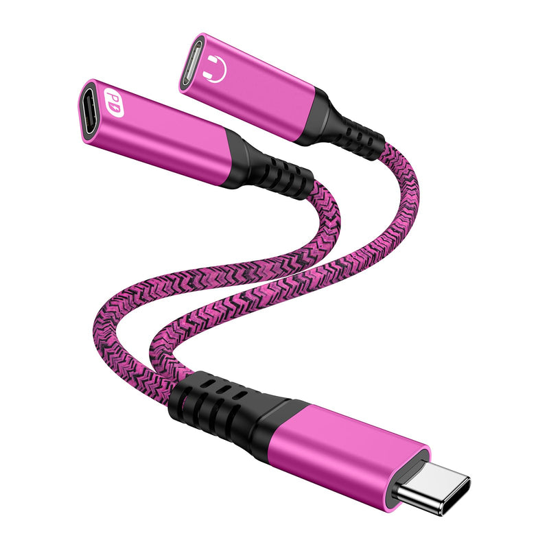 USB C Splitter for iPhone 17 16 15 Pro Max,1 in 2 Out Type C Audio Jack | Dual USB C Headphone and Charger Adapter with PD 60W Fast Charging Cable for Samsung Galaxy S26 S25 S24 Ultra Rose Red