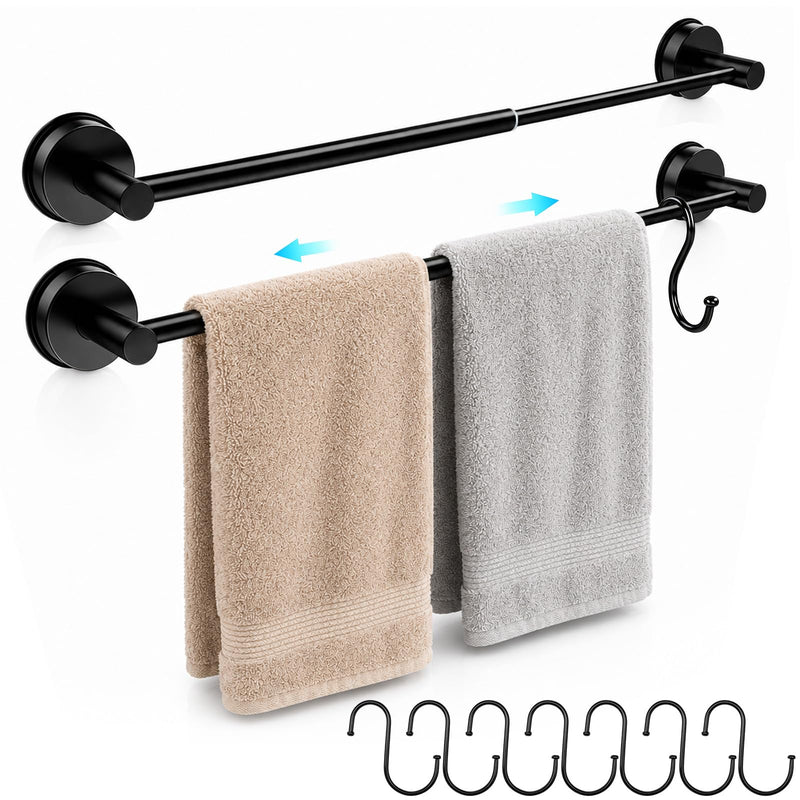 Adjustable Suction Cup Towel Bar – Towel Racks for Bathroom, 13.6-25 Inch, 2 Pack Stainless Steel Bathroom Towel Holder with 8 S Hooks, No Drill for Kitchen, Shower & Smooth Surfaces – Black