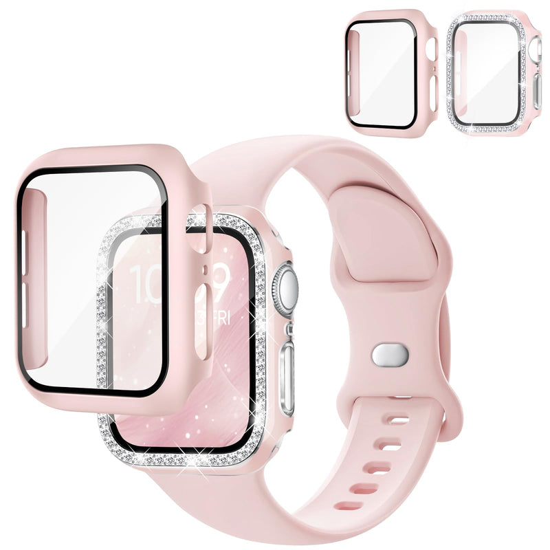 Compatible for Apple Watch Bands 40mm 41mm 44mm 45mm 42mm 46mm with Screen Protector Case Women, Silicone Strap Bling Diamond Protective Cover Tempered Glass for iWatch Series 10 9 8 7 6 5 4 3 11 SE Pink/Pink/Pink