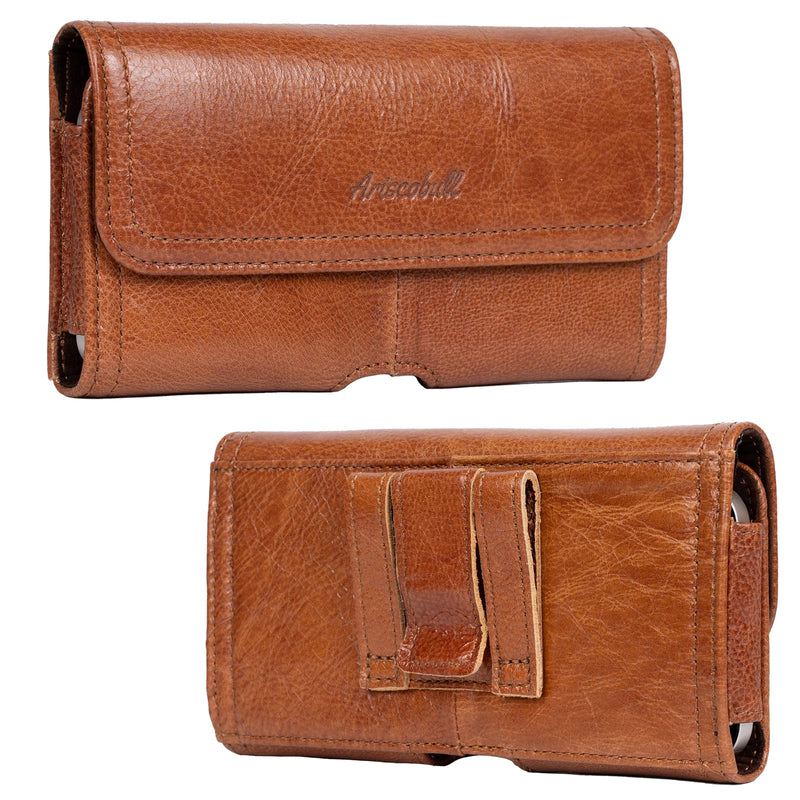 Leather Phone Holster Cell Phone Belt Holder with Clip for Large iPhone Plus - Pro Max 16 15 14 13, Samsung Galaxy Ultra S25 S24 (Brown, Large) Brown