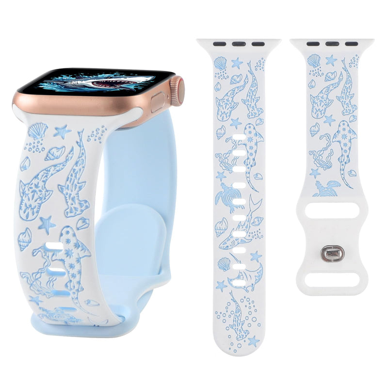 Engraved Shark Double Color Silicone Band Compatible with Apple Watch 38mm 40mm 41mm 42mm 44mm 45mm 46mm 49mm Cute Fancy Laser Sport Strap Compatible for iWatch Series SE Ultra 11 10 9 8 7 6 5 4 3 2 1 White/Blue 38mm/40mm/41mm/42mm(Series 11 10)