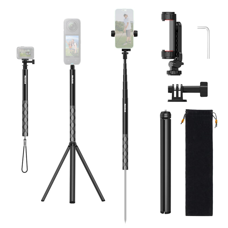 MAIRAN 2-in-1 Golf Monopod Tripod Selfie Stick for Recording Golf Swing | 67.3" Adjustable Phone Tripod Stand, Phone Holder for iPhone/Android,1/4"thread.Poetable 21cm Spike, Comes with a carry bag