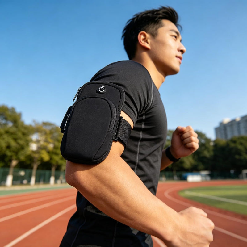 Running Armband with Earphone Bag, Armband Suitable for Most Phones, Water Resistant 2 Pockets (Black) Black