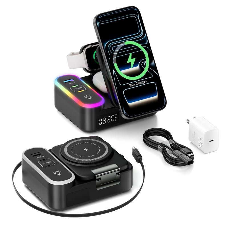 8-in-1 Foldable Wireless Charging Station for Apple Devices with Clock, 65W | Wireless Charge for Apple Watch, Phone & AirPods + 3 Extra Ports. Built‑in Retractable Cord, RGB Light & 65W GaN Fast Charge Black
