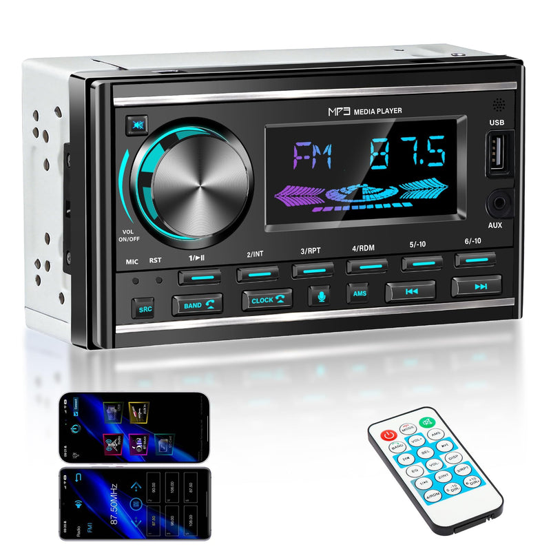 LSLYA Double Din Car Stereo with Bluetooth, FM Radio, USB/AUX, No CD Player | 2 Din Car Radio Retro with App Control, USB/AUX, Voice Assistant, 7-Color Backlight, Remote Control, USB Port & AUX Input Black