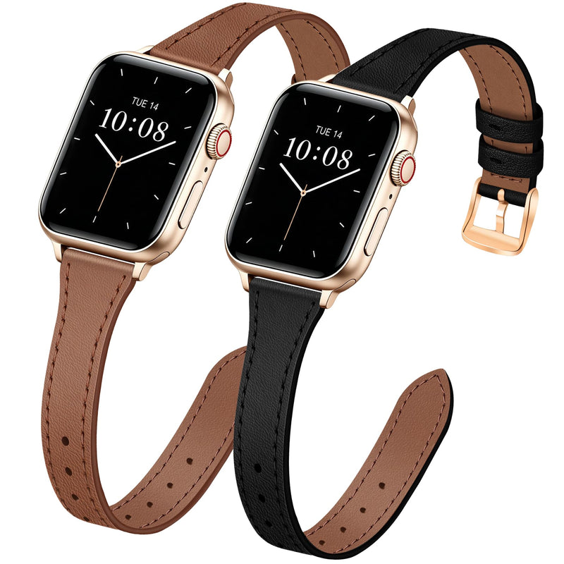 JR.DM 2 Pack Slim Leather Bands for Women Compatible with Apple Watch 40mm 42mm(S10/11) 41mm 38mm, Soft Top Leather Watch Thin Straps Replacement for iWatch Series 11/10/9/8/7/6/5/4/3/2/1/SE A1-2pcs-Black/Brown for Rose Gold 38/40/41/42mm(series 11/10)