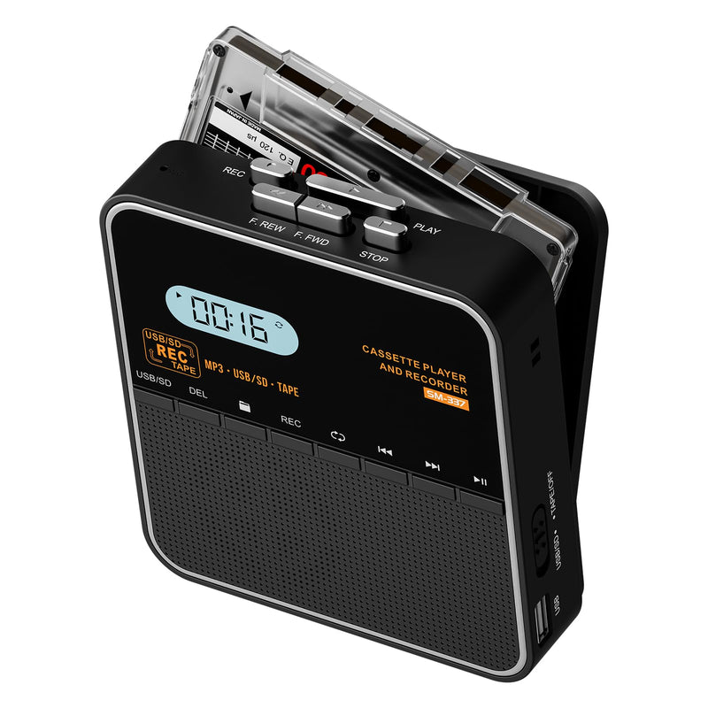 Cassette Tape Player Recorder, Cassette to MP3 Converter, Record to Cassettes/USB/SD Card, LCD Display, Power by USB C or AA Battery, Built-in Speaker, Headphone Jack and Mic Black