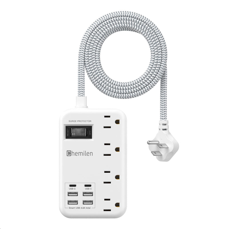 Travel Power Strip with 6 USB (2 USB C), 4 Outlets, 4Ft Extension Cord 13A | 6 USB Charging Station,4.8A,2 USB C,Surge Protector,Switch,Flat Plug,4FT Braided Extension Cord,For Travel Home Office Dorm