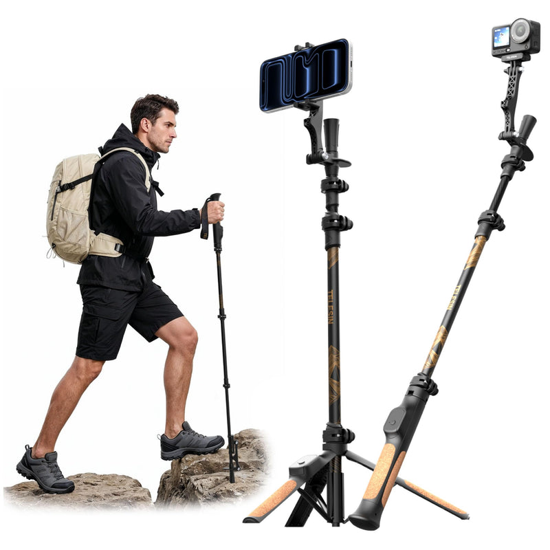 TELESIN TrekShot Carbon Fiber Selfie Stick Tripod, 3-in-1 Hiking Stick Pole | 58" Extendable Phone Tripod for iPhone & Action Cameras, Solo Travel Vlog Monopod for Trekking, Camping, Outdoor Creators