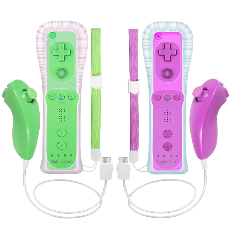 ZeroStory 2 Pscks Remote Controller Build in Motion Plus and Nunchuck for Wii/Wii U, Gamepad with Silicone Case and Wrist (Purple and Green) Purple&Green