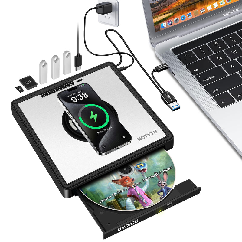 External CD Drive for Laptop: with 15W Wireless Charger Plug & Play | Optical DVD Burner for Apple Mac Linux Windows PC, Portable DVD Player Disc Reader with 3 USB3.0 Ports 1 USB C, 1 TF&SD Port