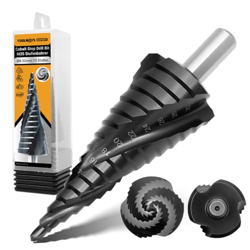 M35 Cobalt Hss Step Drill Bit, TiAlN-Coated 3-Spiral Stepped Drill Bit Ø 4-32 mm,15 Steps Cone Drill Bit for Stainless Steel, Metal, Wood and Plastic