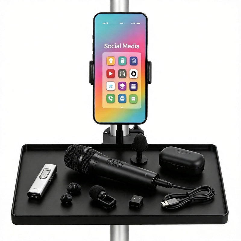 11"x8" Mic Stand Tray with Phone Holder, Universal Microphone Stand Shelf | Adjustable Phone Mount, Multi-Function Recording Stand Accessory for Studio, Karaoke Clamp on Music Stand Shlef Attachment