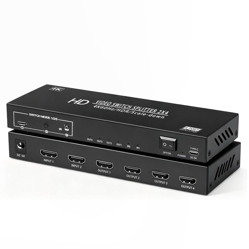 4K@60Hz 2X4 HDMI Switch Splitter 2 in 4 Out with Remote, Dual Power Supply DC5V1A&USB-C Powered, Auto Downscaling, 4K&1080P Sync, 18Gbps HDR10 3D, Only Mirror Screens (No Extend) for PS5 Xbox HDTV