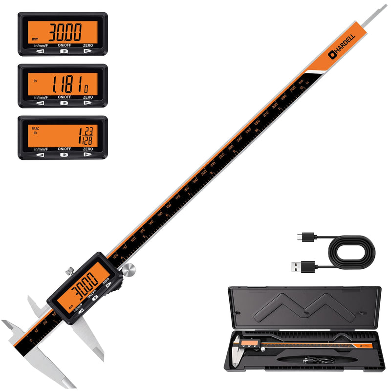 HARDELL Digital Caliper, Rechargeable Caliper Measuring Tool with Large Orange Screen (Non-Backlit) (12 Inch) 12 Inch