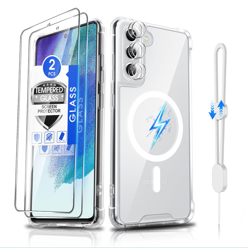 Dizn for Samsung Galaxy S21 FE Phone Crystal Case: 2 Tempered Glass & 2 Camera Lens Protector,[Antil-Yellow], Reinforcde Comers,Compatible with Magsafe,with Strap,Shockproof Magnetic Case S21FE,Clear Clear