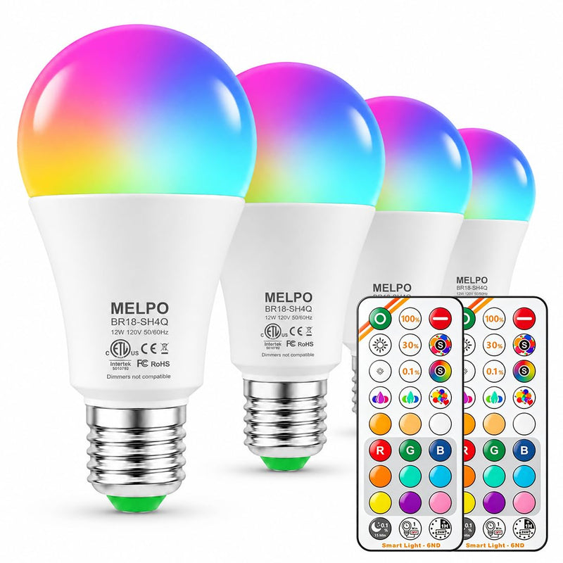 MELPO Led Light Bulb, 12W, 120 Watt Equivalent, 2700K/4500K/5700K 3CCT, 9 RGB Colors, Color Changing Light Bulb with Remote Control, DIY Flash/Sleep/Timer Mode, 1300LM, A19 E26 Light Bulbs (4 Pack) 4