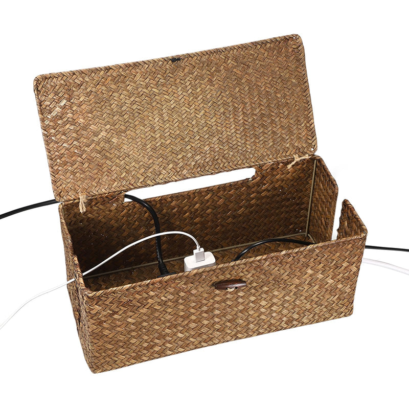BTSKY Woven Cable Management Box with Lid, Seagrass Cord Organizer with 2 Open Slots for Power Strips & USB Hubs, Under Desk Cord Hider Box for Home Office, Pet Proofing Wire Basket, Large Coffee