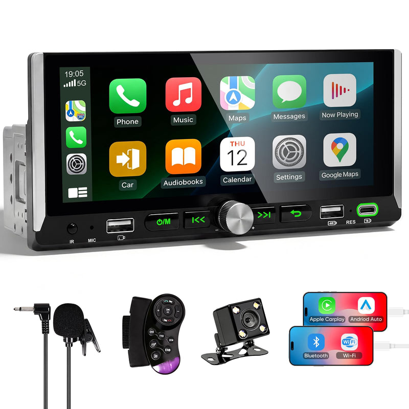 6.9" Single Din Radio Support Wireless Apple Carplay & Android Auto | Touchscreen Car Stereo with Bluetooth,1080P Backup Camera ,Mirror Link FM EQ SWC Navigation USB Type-C Fast Charging