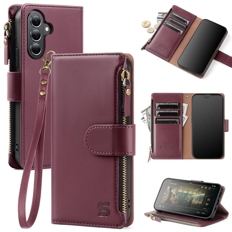 Shieldtop Compatible with Samsung Galaxy A37 5G Wallet Case with Card Holder,PU Leather Phone Case Flip Protective Cover Wrist Strap Zipper Credit Card Slots RFID Blocking Women Men,Wine Red Wine Red Samsung Galaxy A37 5G - 6.7"
