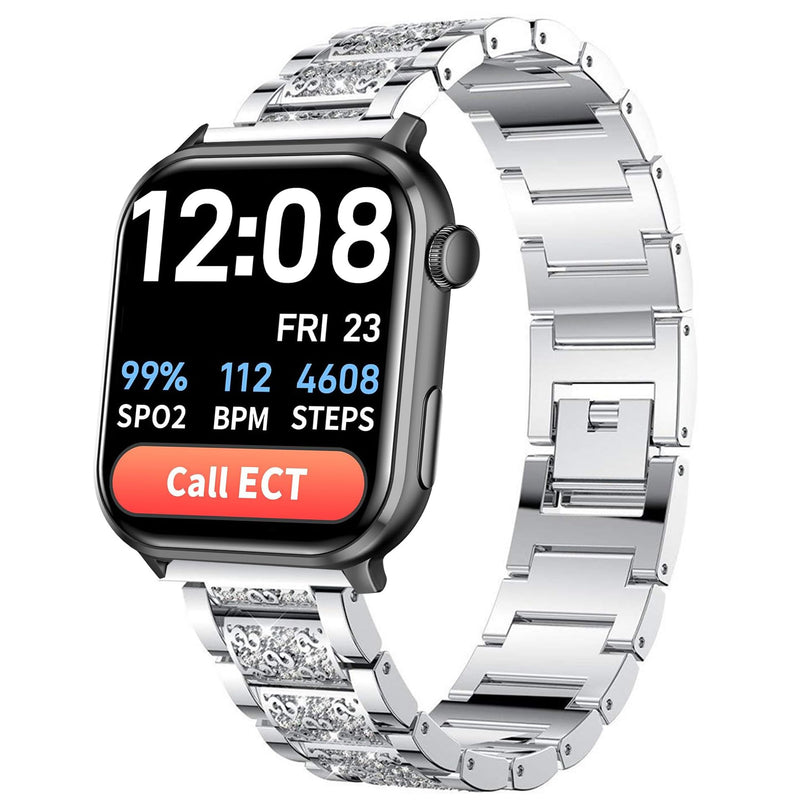 Compatible for Coco Smartwatch Bands, Women Jewelry Bling Diamond Metal Dressy Strap Adjustable Replacement Strap Accessories Sports Band for Men Women Compatible for Coco BT2, BT2-Z Smartwatch Silver 22mm size band