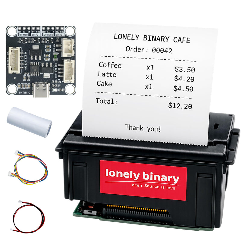 Lonely Binary 58mm Thermal Receipt Printer Kit Type-C for ESP32 & Arduino | USB-C PD 9V powered, single cable; UART TTL & RS232; 203 DPI, 48mm width; Pico, STM32; POS, IoT, taximeter, data logger