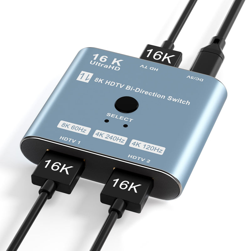 8K/16K Hdmi 2.1 Switcher 2 in 1 Out, Bidirectional Hdmi Splitter Support 4K@120HZ/240Hz 16K@30Hz/8K@60Hz DTS VRR HDR10+ Dolby, 48Gbps 2 Computers 1 Monitor Hdmi Switch for Switch PS5 Xbox Roku TV