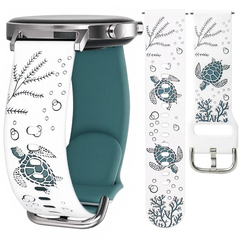 Sea Turtle Engraved Bands for Samsung Galaxy Watch 9/8/7/6/5/4 (40mm/44mm) | Soft Cute Silicone Sport Band for Galaxy Watch 3(41mm)/5 Pro(45mm) Active 2(40/44mm) Garmin Vívoactive 6/5/3 Amazift Active 2 White/Pine Needle Green
