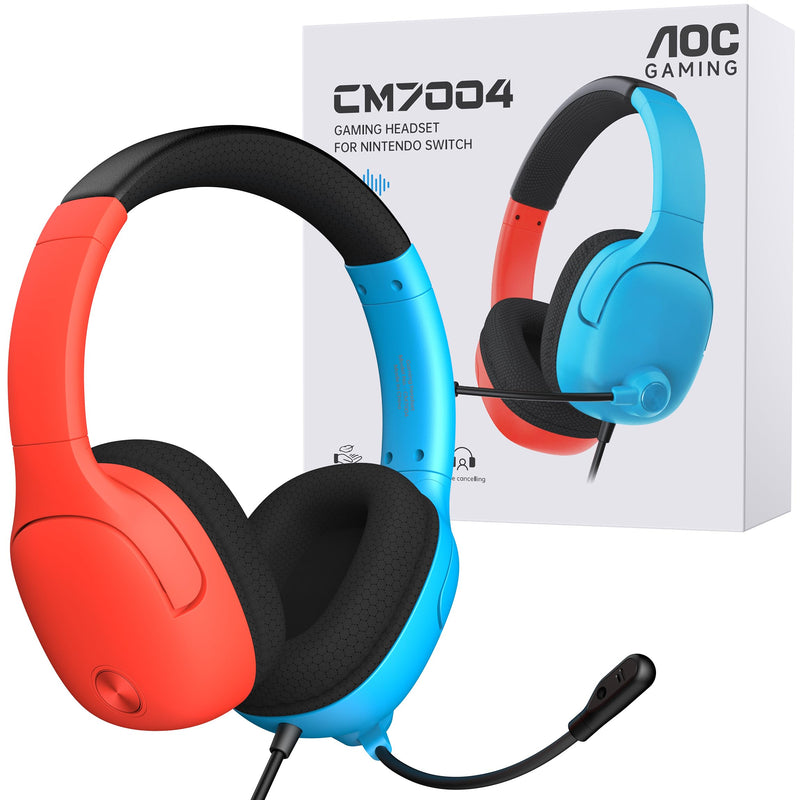AOC Wired Gaming Headset for Nintendo Switch 2/OLED/Lite with Mic | 3.5mm Stereo, Noise Cancelling Microphone for PS5, PC, Fortnite, Red/Blue