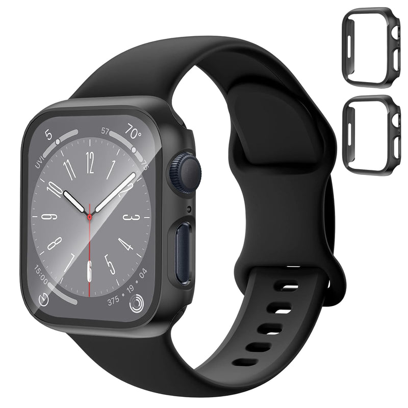 Case and Band for Apple Watch Band 40mm 41mm 44mm 45mm 42mm 49mm Women Men, Soft Silicone Replacement Strap, Protective Cover Screen Protector for iWatch Series 9 8 7 6 5 4 SE Ultra Black 44mm(Series 6/5/4/SE)