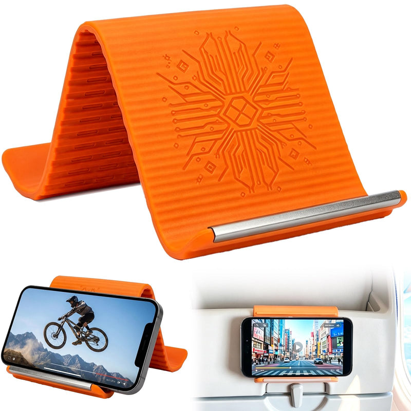 Airplane Phone Holder, Foldable Silicone Aluminum Phone Holder | Textured Non-Slip Surface Flexible Silicone Tablet Stand 0.12" Ultra-Thin Desktop Mount for Home Office Desk Travel Treadmill A-Orange-1PCS