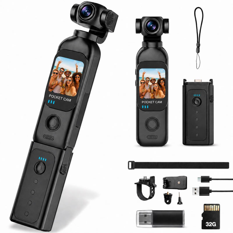 Pocket Camera for Vlogging, 1080P, Touchscreen, 32GB Card | Up to 14 h total with charging grip, face-to-camera/forward views, Wi-Fi, ready-to-use kit for trips, hikes, walks and rides Black H9232G