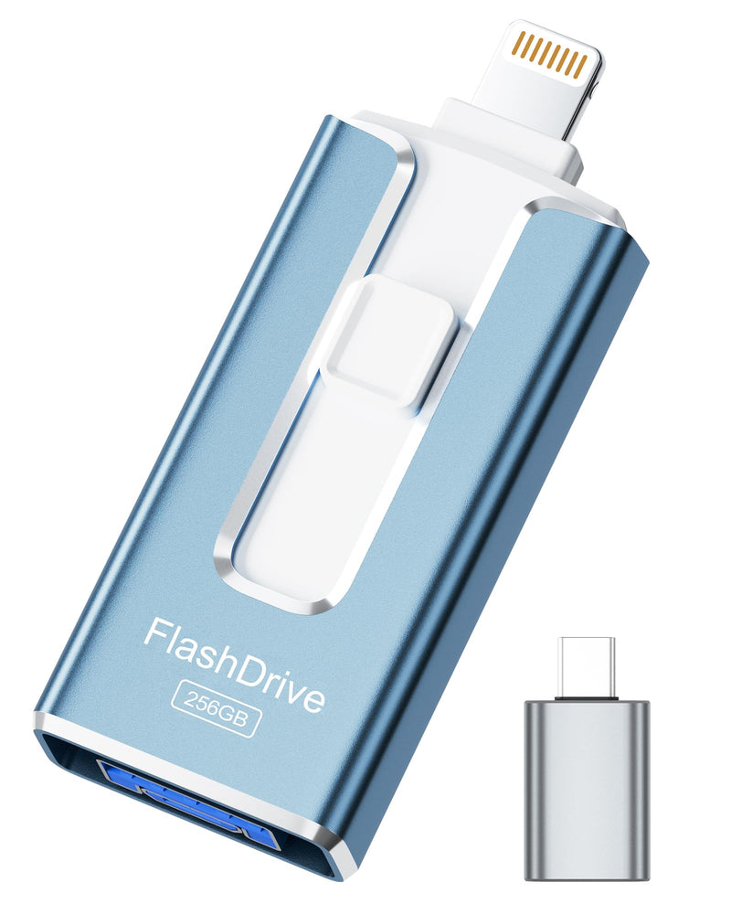 MFi Certified Flash Drive for iPhone iPad 256GB, Photo Stick for External Memory Storage, Easily Back Up and Save Photos Videos, USB Memory Stick Thumb Drive for iPhone/iPad/Android/PC (Sky Blue)
