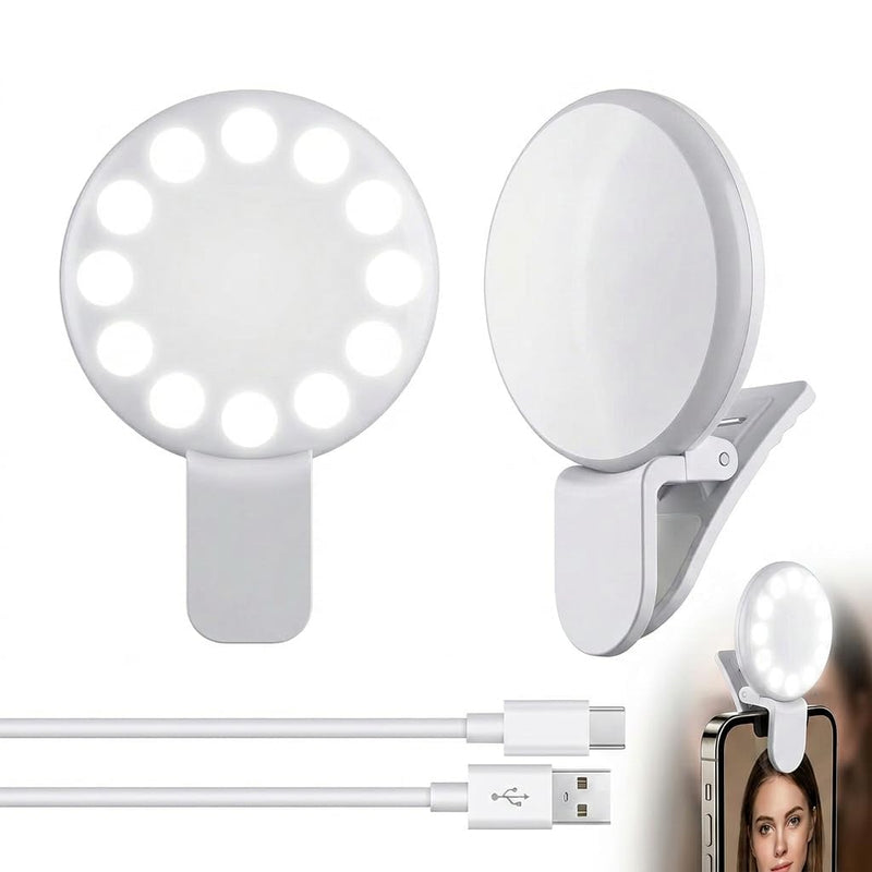 2Pcs Mini LED Ring Light for Phone, Rechargeable Clip On Selfie Light | Portable Adjustable Brightness LED Lighting for Video Recording, Compatible with iPhone, iPad, Laptop (White)