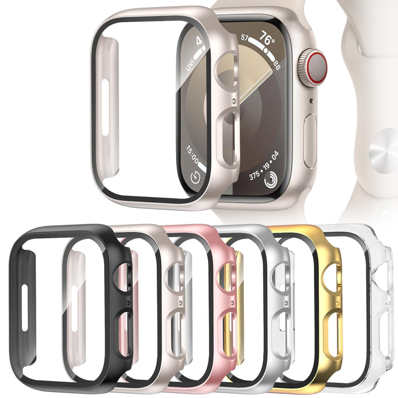 [6 Pack] Case Screen Protector Compatible with Apple Watch Series 9 8 7 41mm, Ultra-Thin Hard Full Coverage Protective Cover for iWatch 41 mm Black/Transparent/Pink/Gold/Starlight/Rose Gold