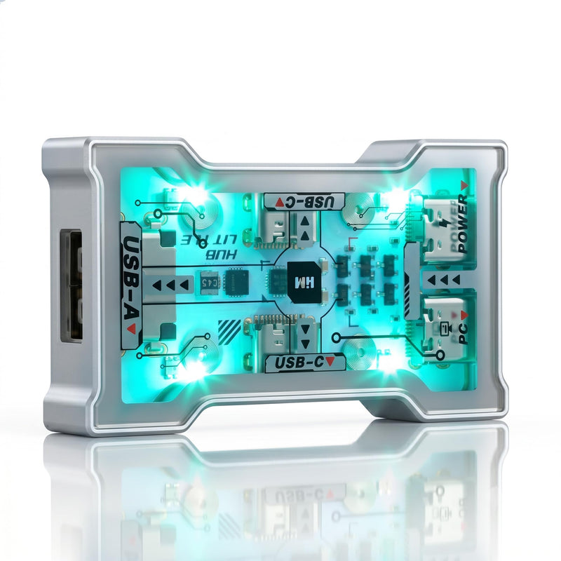 8K USB-C Gaming Dock with Clear Glass Window, Cartoon Print & LED Light | 2-In 3-Out Signal Booster USB C Hub Splitter, Independent Power Supply & CNC Aluminum Shell for Laptop Desk Setup