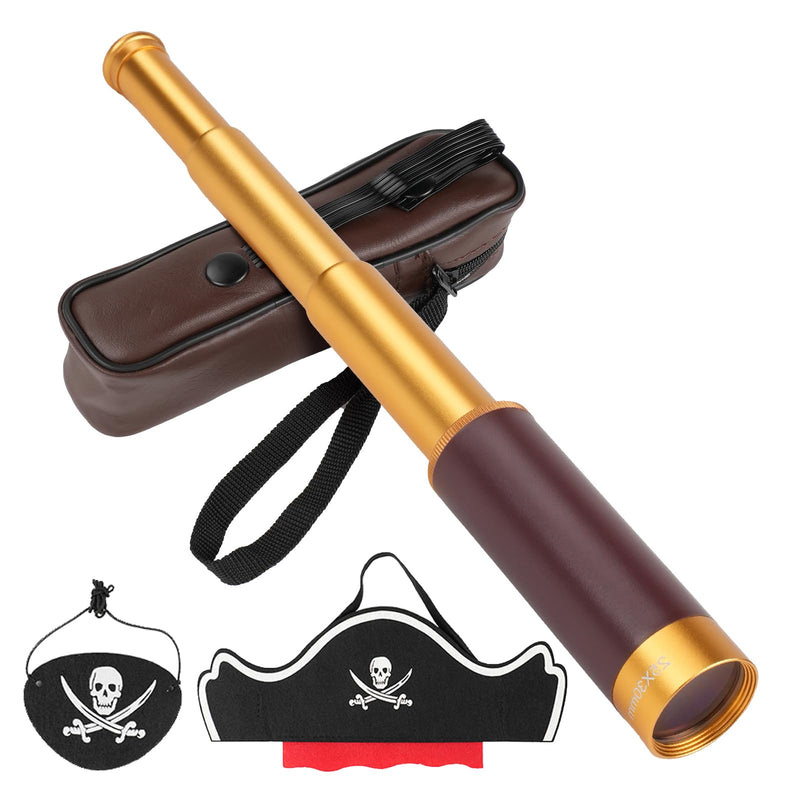 25X30 Pirate Telescope Spyglass with Hat&Eye Mask for Kid Monocular Costume | Retro Collapsible Zoomable Brass Captain Spyglass, FMC Lens Costume Accessories for Bird Watching Camping Boating Gift