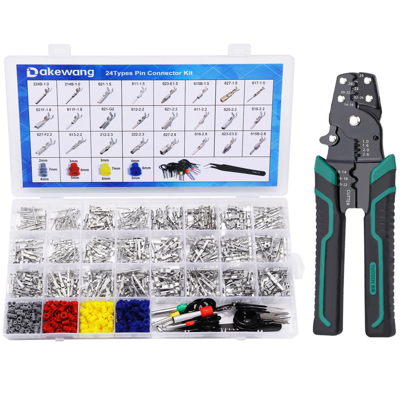 900Pcs 24Types of Pin Connector Kit and Terminal Pins with Crimping Tool | Non-Insulated Plug, 1/1.5/1.8/2.2/2.3/2.8/3.5mm Male&Female, Copper Material,Car Electrical Wire Connectors, Terminal Pins