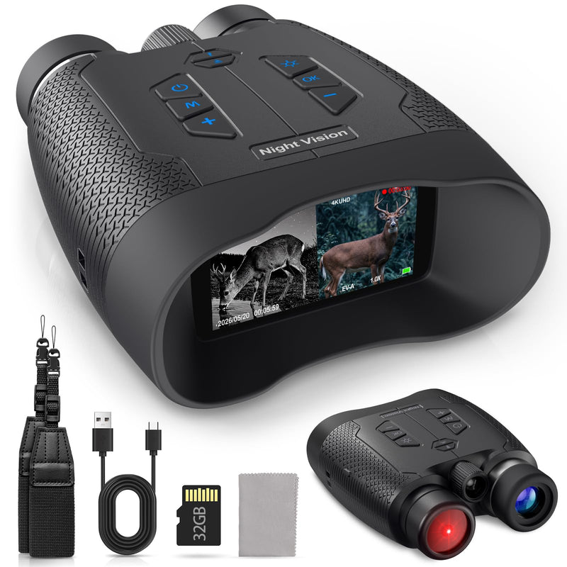 4K Night Vision Goggles for Adults, Photo & Video Recording, 32GB TF Card | Infrared Night Vision Binoculars, Rechargeable Battery, 1968FT Viewing Range for Wildlife Observation, Camping, Security