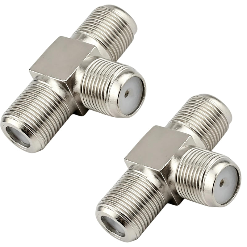 F-Type 3 Way Coaxial Splitter, 75 Ohm Coaxial Cable Splitter T-Shape Adapter, F Female to 2 Female – for TV, Antenna, Cable Box, Satellite, VCR, Signal Combiner, Free Hanging, Nickel-Plated, 2 Pack
