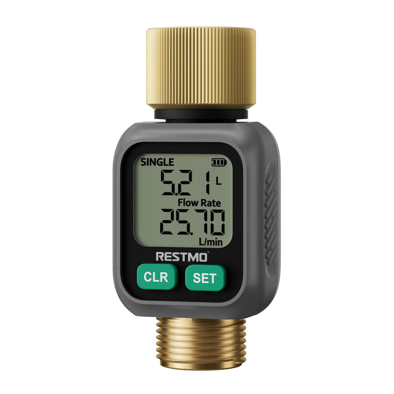 RESTMO Water Flow Meter with Dual Zone Display Screen, Brass Inlet & Outlet Water Meter, ±4% Accuracy, Measure Gallon/Liter Consumption and Flow Rate for RV, Garden Hose, Sprinkler & Nozzle Sprayer 1