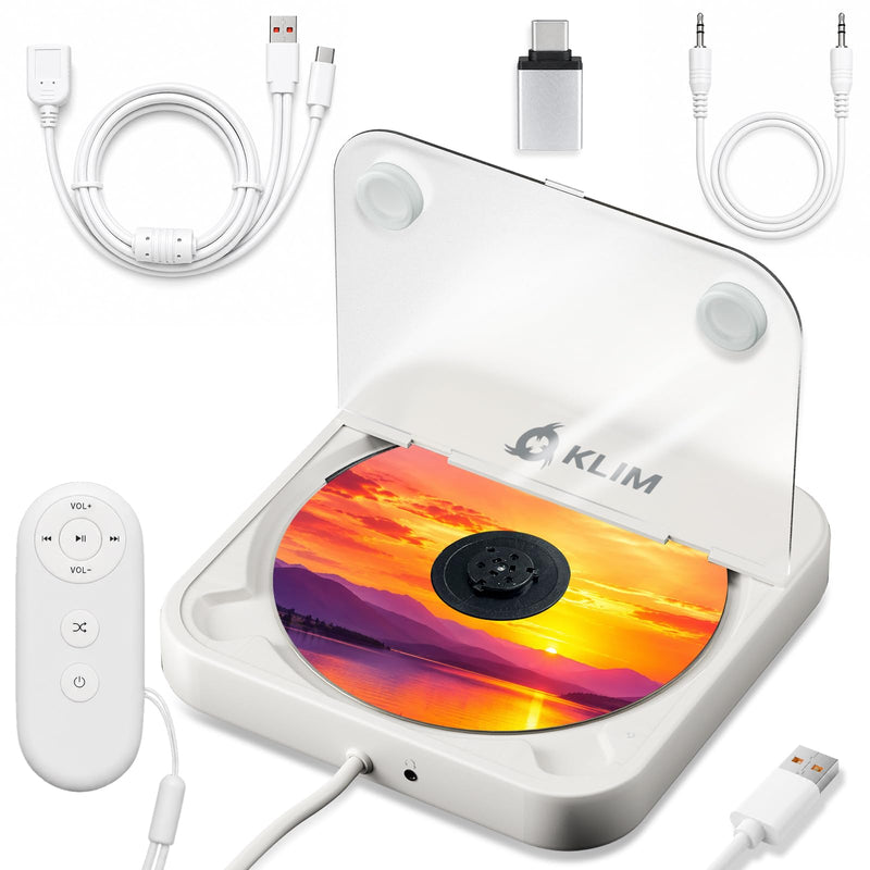 KLIM CD Player for Car – Portable USB CD Player, External CD Drive for Car, Anti-Skip, Plug & Play, AUX & USB, Remote Control, Works with Most Vehicles & Laptops