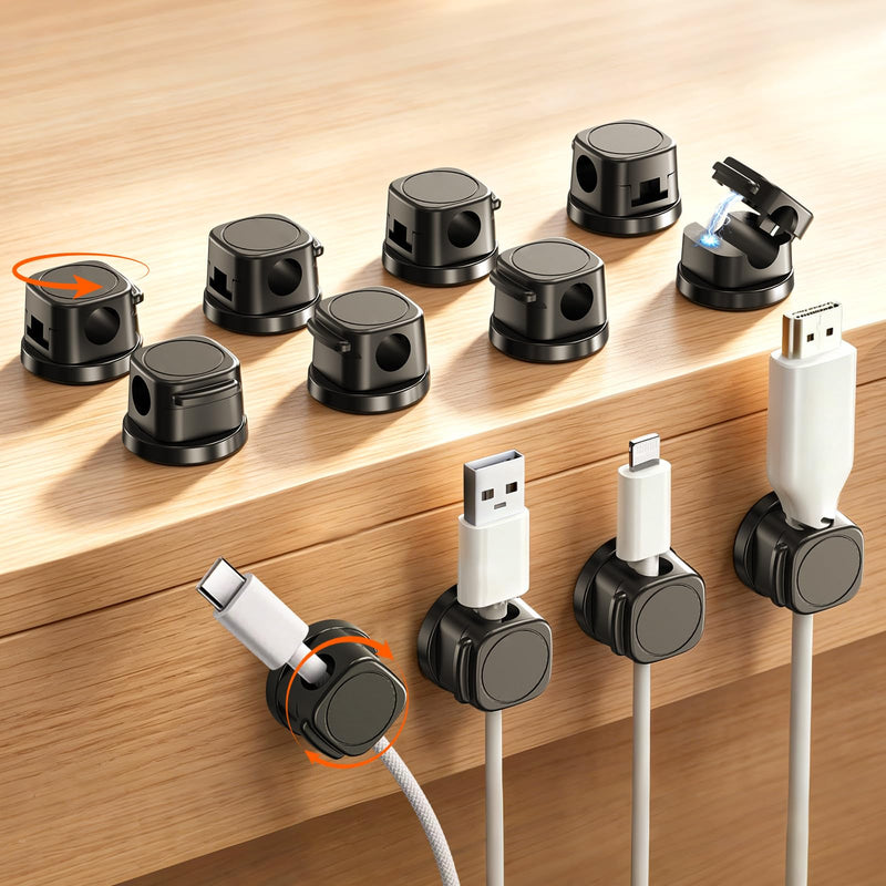 Magnetic Cable Clips 12 Pack, 360° Rotatable Self-Adhesive Cord Holder with One-Hand Open Lid, Cable Management for Nightstand Desk Car Phone Charger