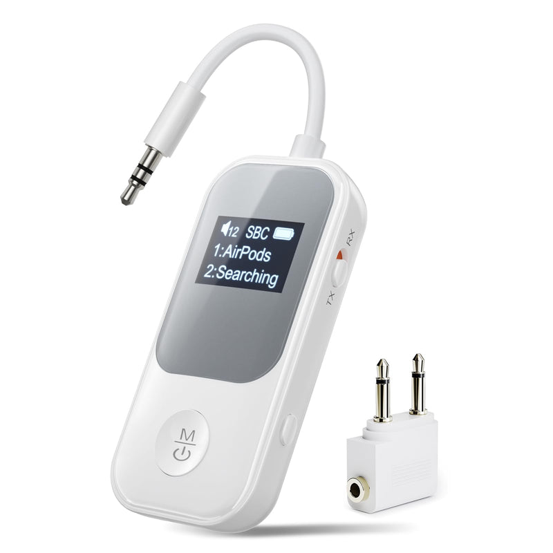 Nulaxy Airplane Bluetooth Adapter Transmitter Receiver with Screen [Show Battery & Connected Devices], Pairs 2 AirPods/Headphones, 3.5mm AUX for TV Car Treadmill, Qualcomm Chipset, 20H Playtime A-White