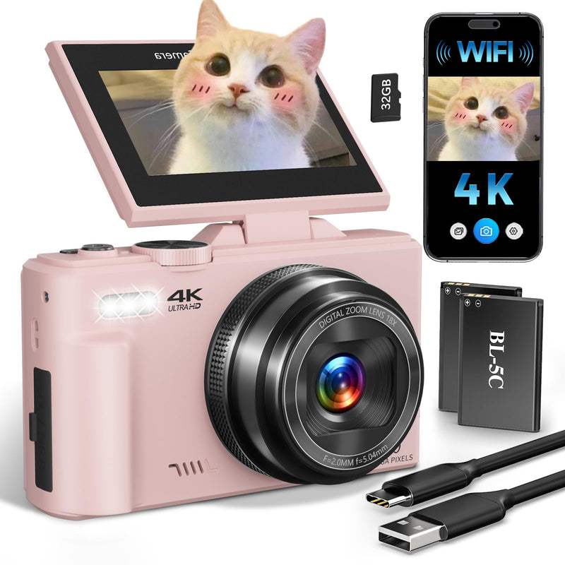 4K Digital Camera for Beginners & Teens, Compact Vlogging Camera with 180° Flip Screen, Autofocus, Easy-to-Use for Travel & YouTube, 18X Zoom, WiFi, 2 Batteries, 32GB Card Deep Pink