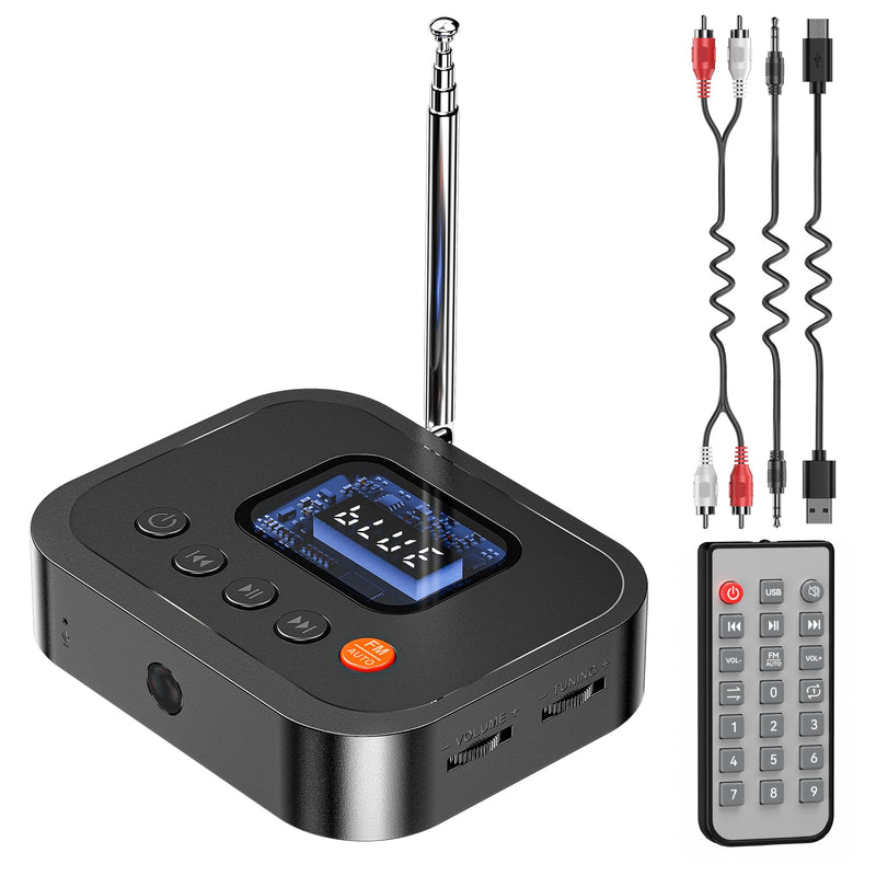 Bluetooth 6.0 Audio Receiver, 3-in-1 Wireless Adapter with FM Radio, U-Disk Playback, HD LED Display, Remote Control, Dual Output, Long Battery, Wireless Upgrade for Home Amplifier & Wired Speakers